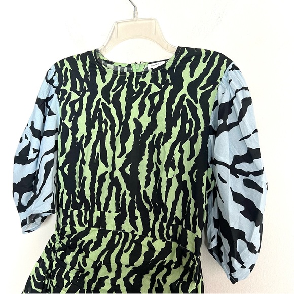 Rhode Pia Tiger Print Color block Wrap Ruched Mini Puff Sleeve Dress - Picture 6 of 13